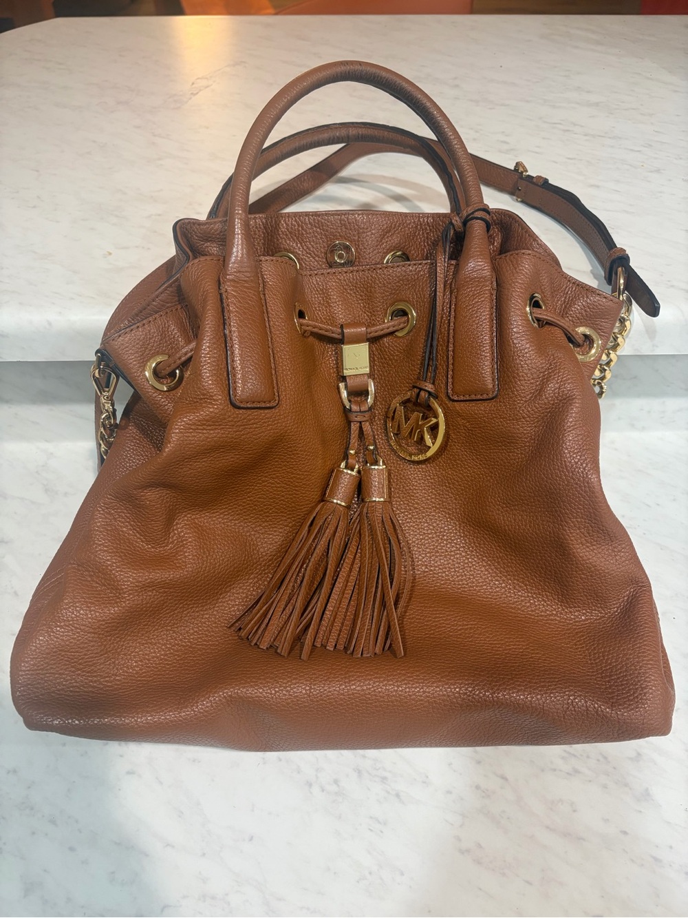 Michael Kors Chestnut Leather Tassel Drawstring Shoulder Bag